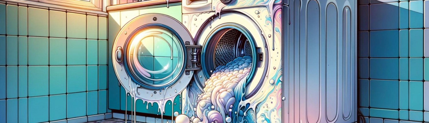 A digital illustration of an overflowing washing machine, with suds and water spilling out from its door, due to a bad pressure sensor