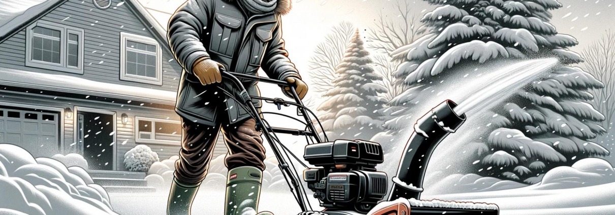 An illustration of a man bundled up in a heavy coat, hat, and gloves, actively pushing a snowblower to clear a driveway blanketed in fresh snow.