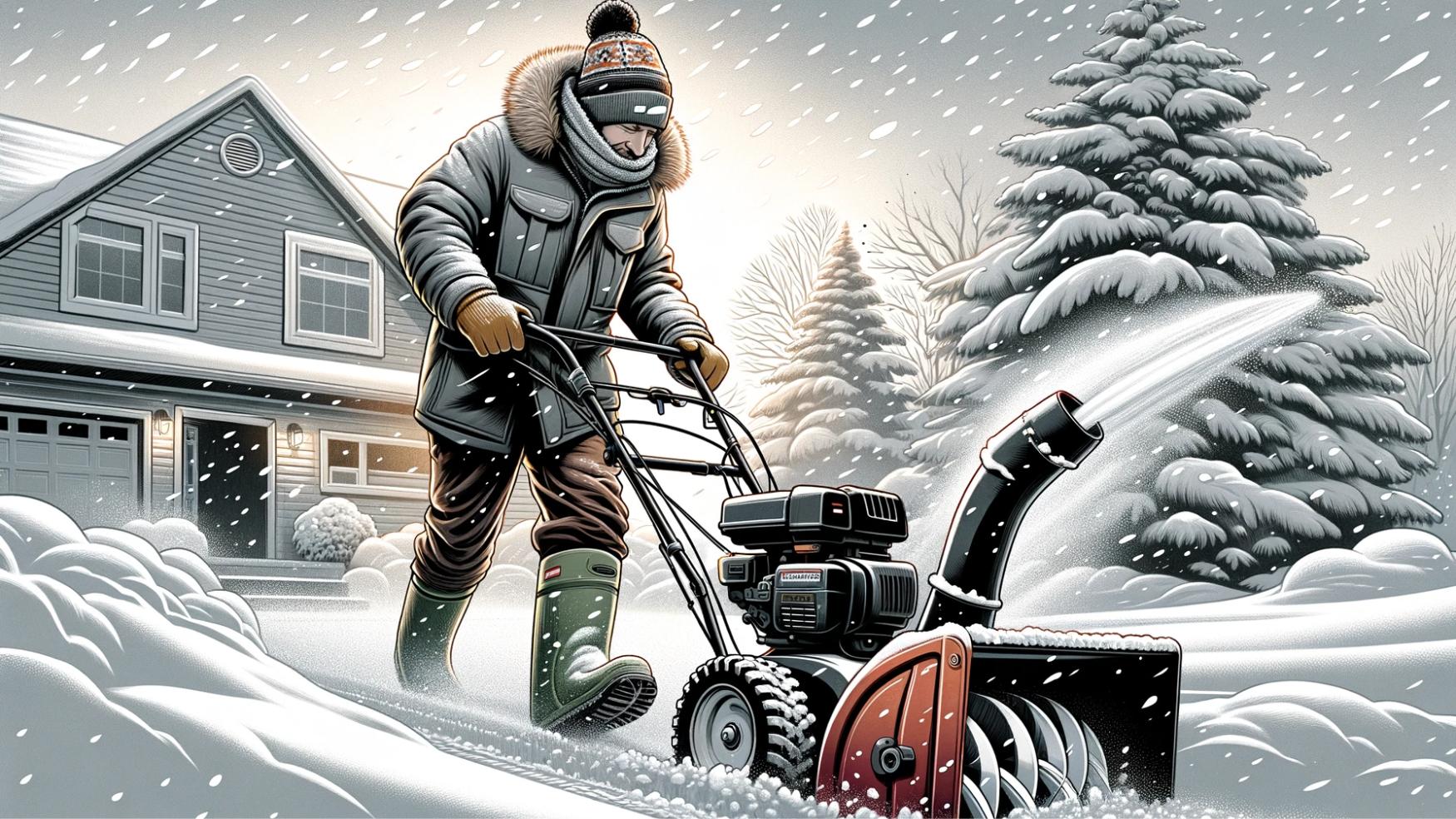 An illustration of a man bundled up in a heavy coat, hat, and gloves, actively pushing a snowblower to clear a driveway blanketed in fresh snow.