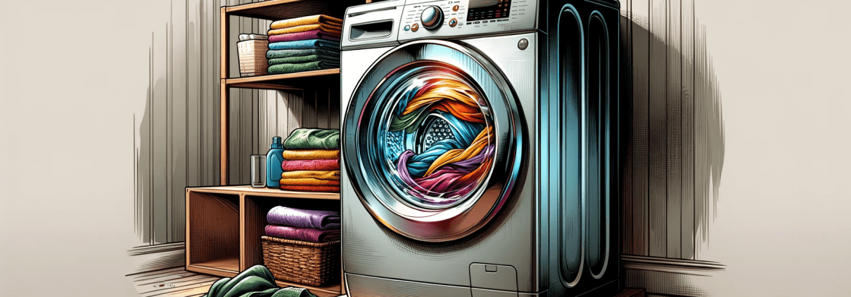 A digital illustration of a front-loaded washing machine, with vibrant clothes swirling inside, visible through the clear door.
