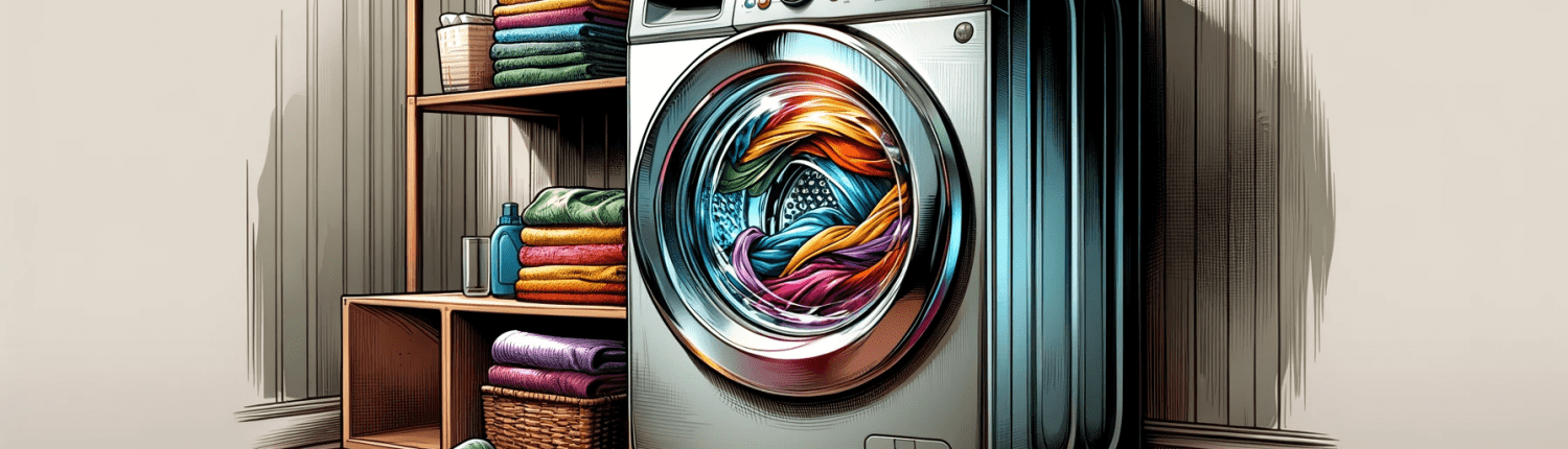 A digital illustration of a front-loaded washing machine, with vibrant clothes swirling inside, visible through the clear door.