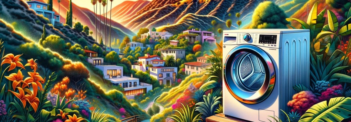 Illustration of a dryer in Los Angeles, hollywood sign in the background