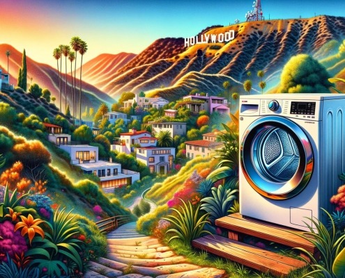 Illustration of a dryer in Los Angeles, hollywood sign in the background