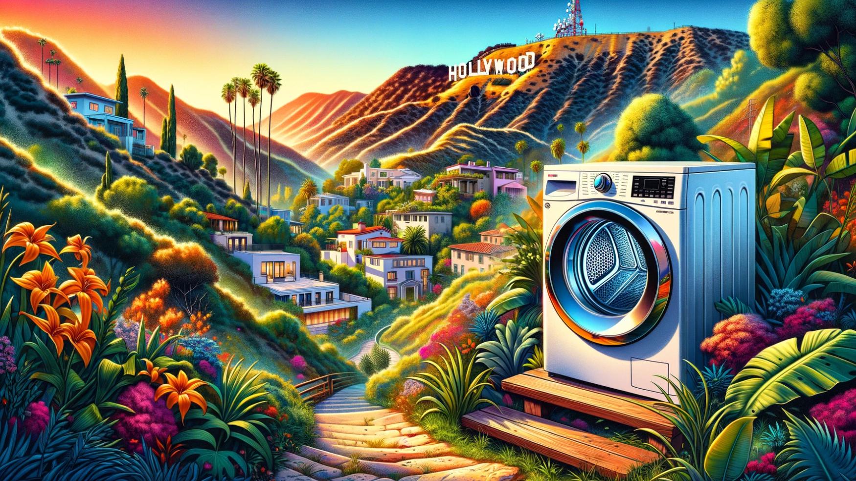 Illustration of a dryer in Los Angeles, hollywood sign in the background