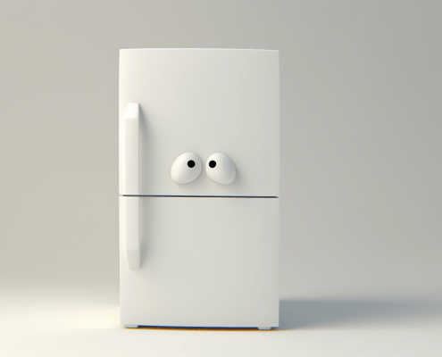 digital illustration of a sad refrigerator, apprehensive before a freezer door gasket replacement