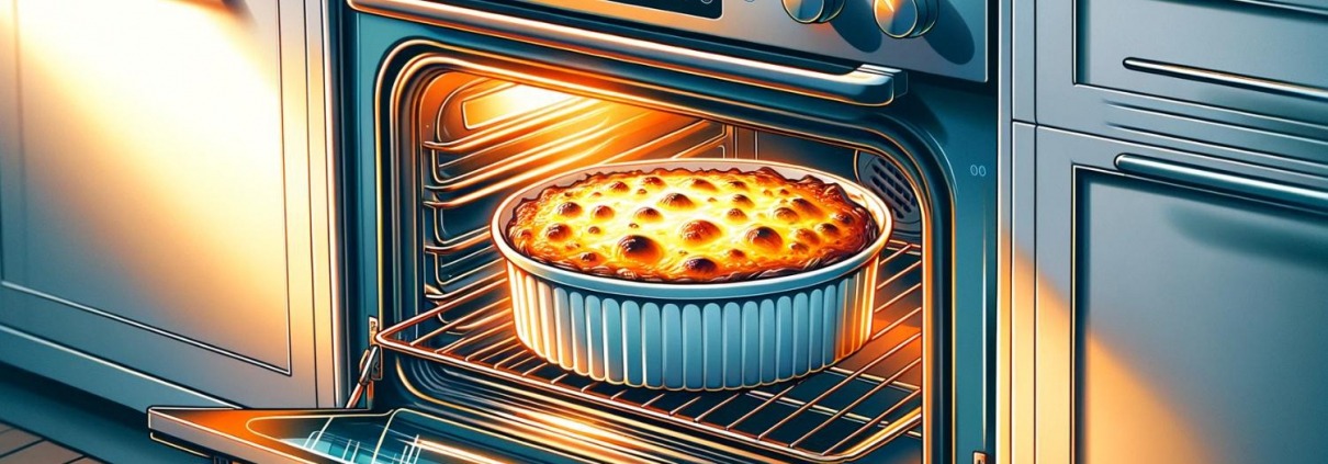 An illustration of a casserole baking inside a modern oven. The casserole is bubbly and golden brown, clearly visible through the oven's large glass