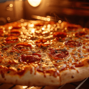 a photo of a pizza in an oven