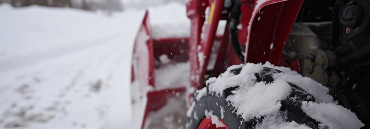 close up photo of a snow blower that won't shift in a snowy driveway