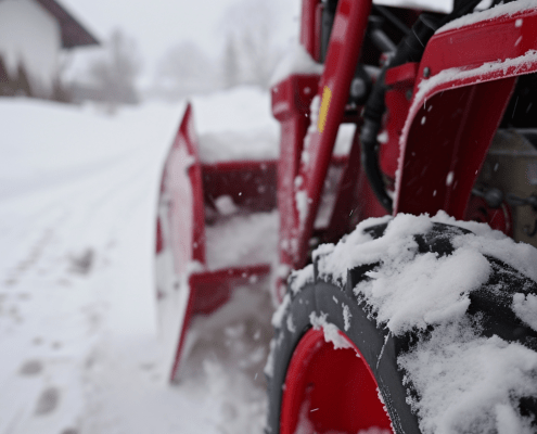 close up photo of a snow blower that won't shift in a snowy driveway