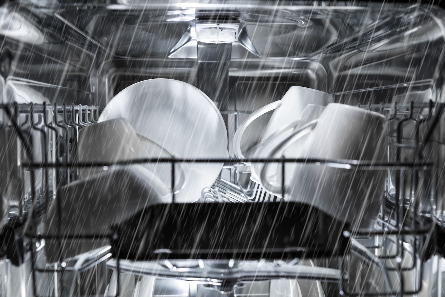 interior of a dishwasher during the cleaning process
