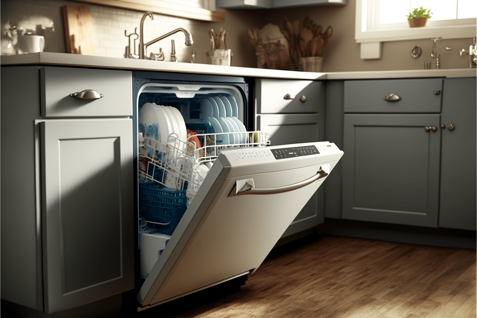 ai representation of a dishwasher with the door open in a kitchen