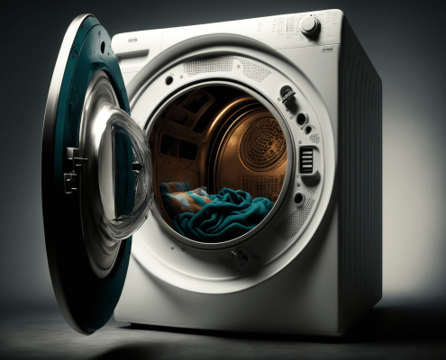 ai generated image of a dryer with clothes drying and baffle visible