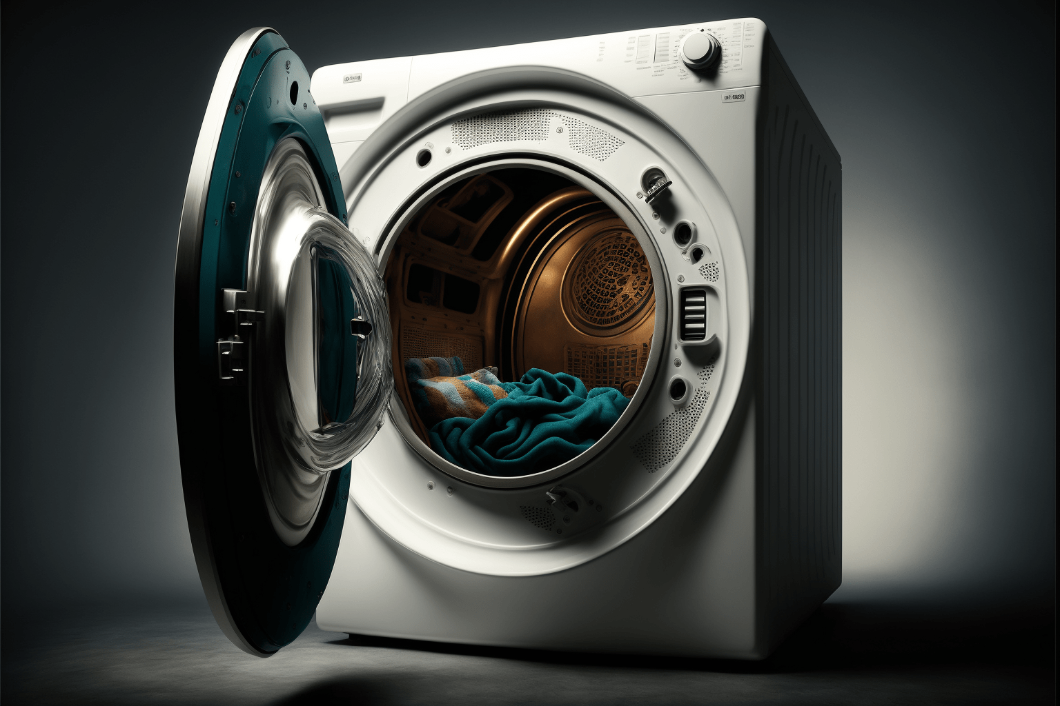 ai generated image of a dryer with clothes drying and baffle visible