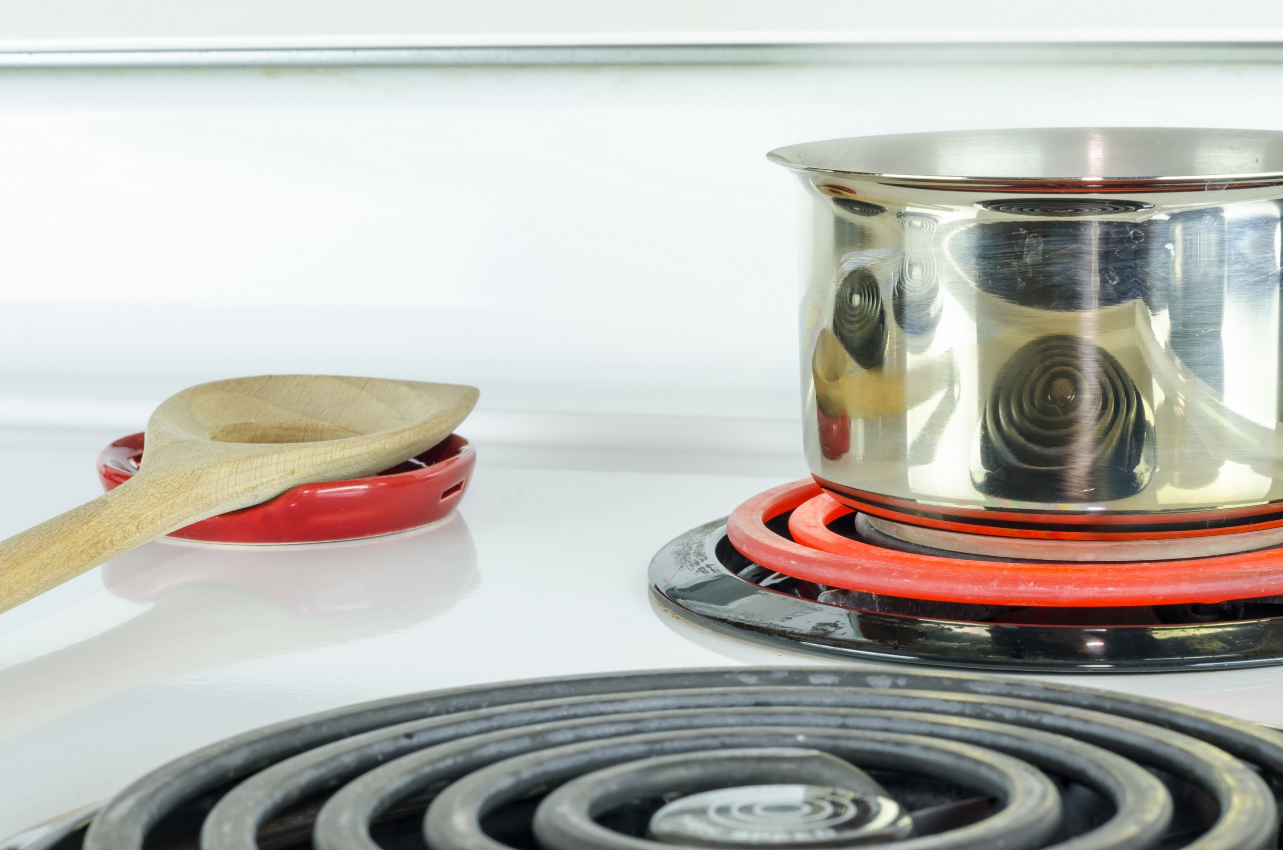 stove top with pot and glowing stove eye