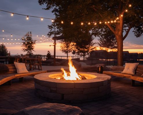 DIY fire pit area outdoors during sunset