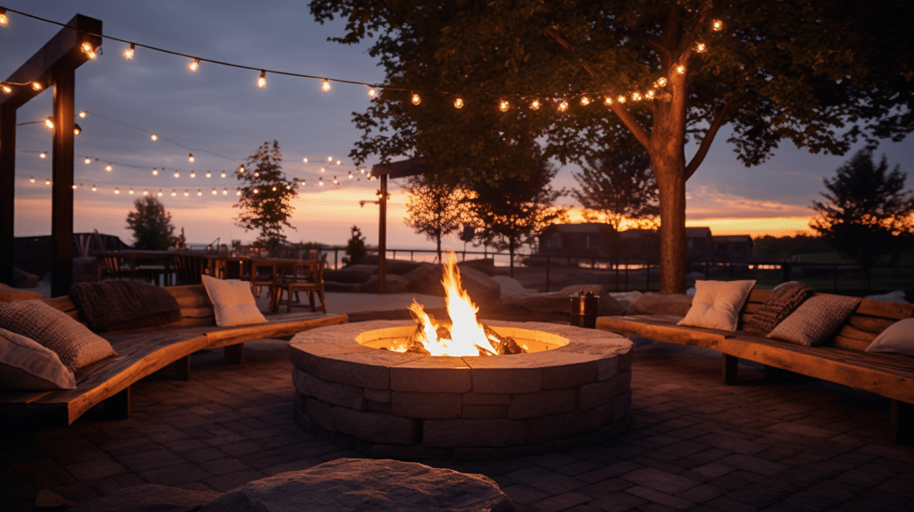 DIY fire pit area outdoors during sunset