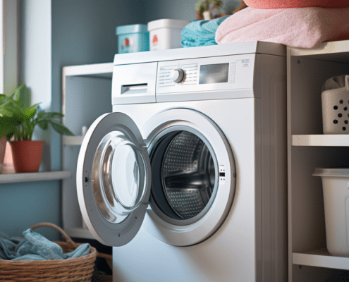 a white front load washing machine in a laundry room E09 Bosch Washer Error