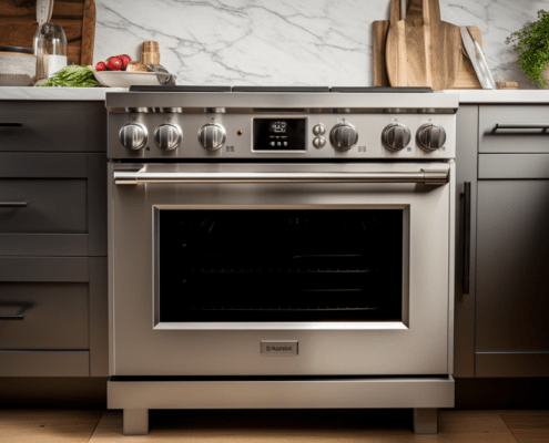 Symmetrical shot of a range in a kitchen showingE9 Thermador Range Error Code