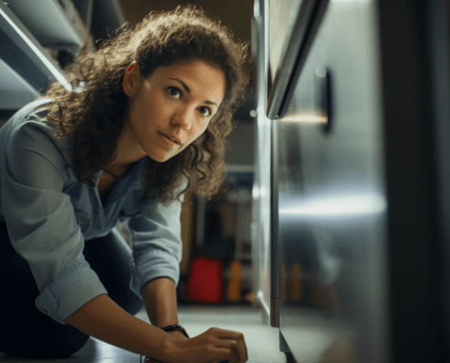 Woman learning how to level a refrigerator while doing it herself