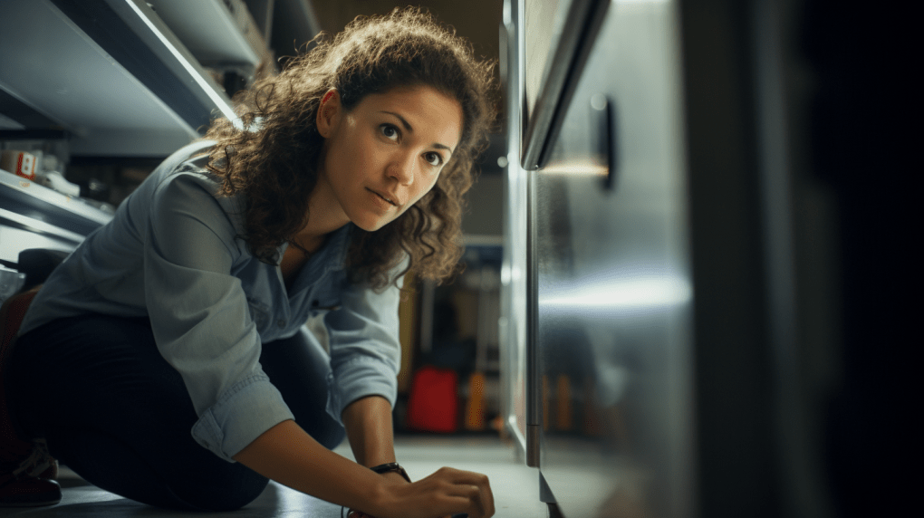 Woman learning how to level a refrigerator while doing it herself