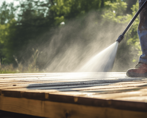 Pressure washer pump washing a deck