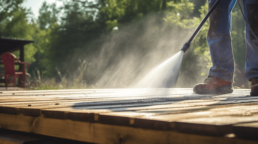 Pressure washer pump washing a deck