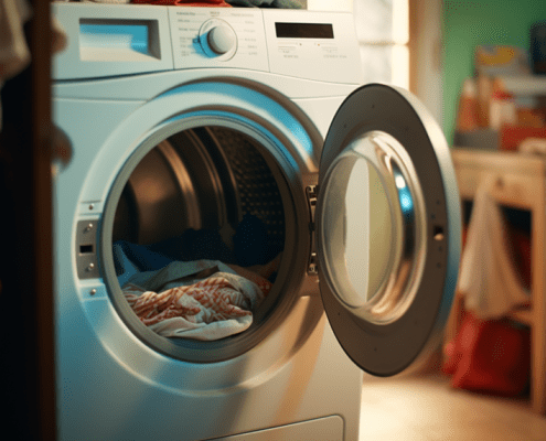 A dryer with an open door after fixing Whirlpool Duet Dryer E1 Code