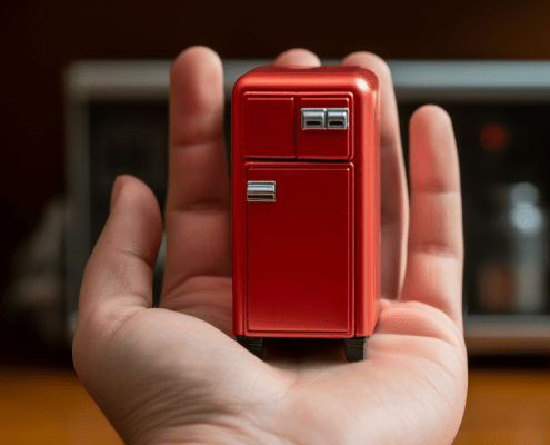 a hand holding a minature red refrigerator