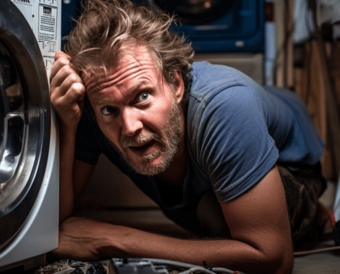 Frustrated man troubleshooting the Maytag Dryer Code AF