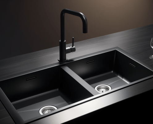 a sleek double sink with a garbage disposal