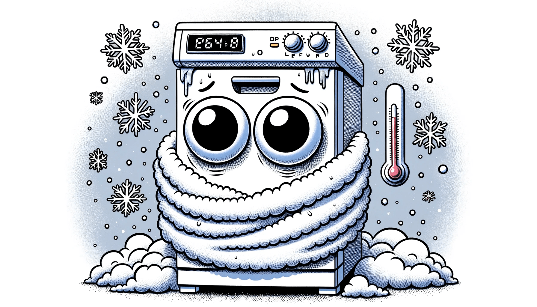 Comic illustration of a dishwasher personified with large googly eyes, looking cold and miserable. The dishwasher is covered in a fluffy white blanket.png