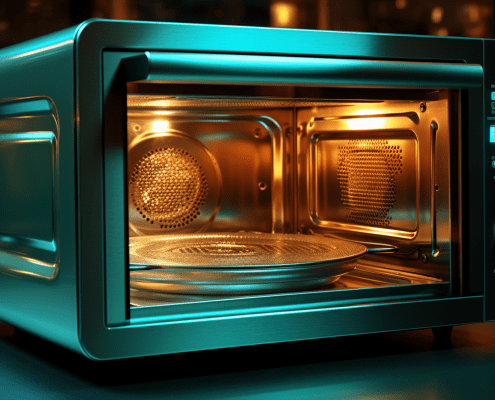 closed microwave operating with nothing inside in a dark kitchen