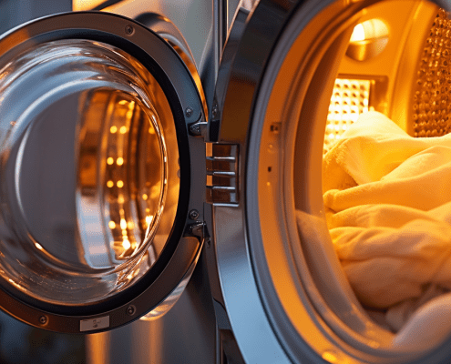 open dryer with interior light and laundry inside