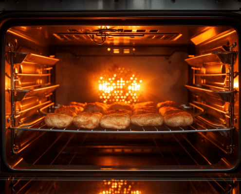 interior oven light glowing over food