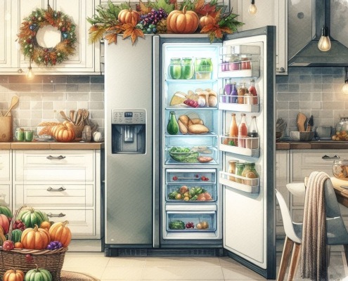 watercolor painted kitchen decorated with thanksgiving decorations and open refrigerator stocked with holiday food