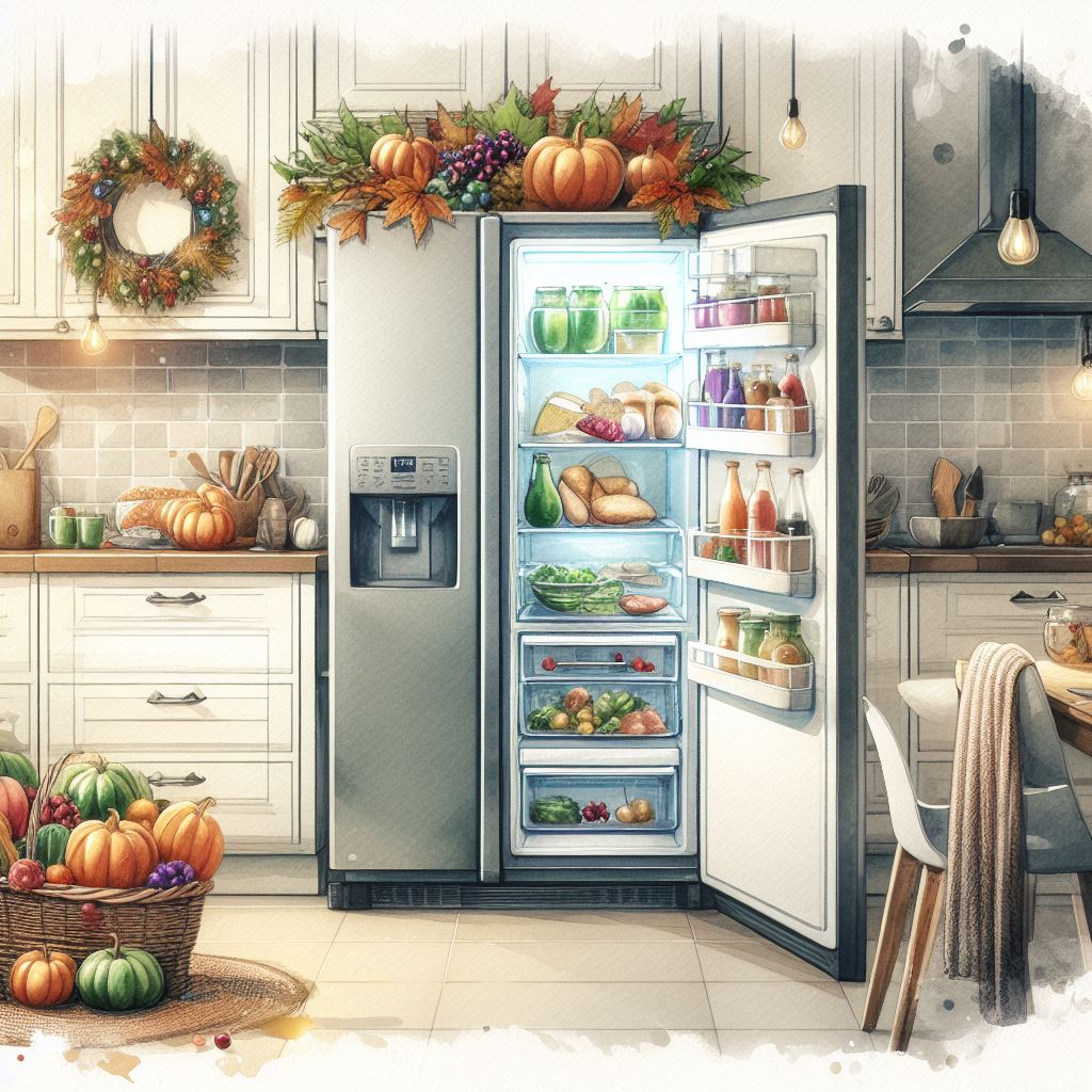 watercolor painted kitchen decorated with thanksgiving decorations and open refrigerator stocked with holiday food