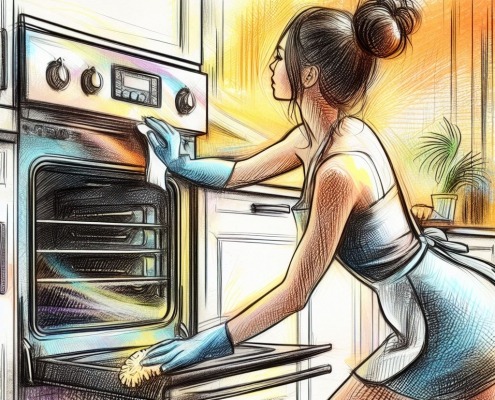 woman cleaning the outside of an oven in a kitchen in a colorful sketch