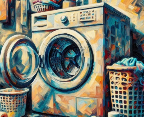 front loading washing machine in an abstract painting style with laundry baskets and other items in a room