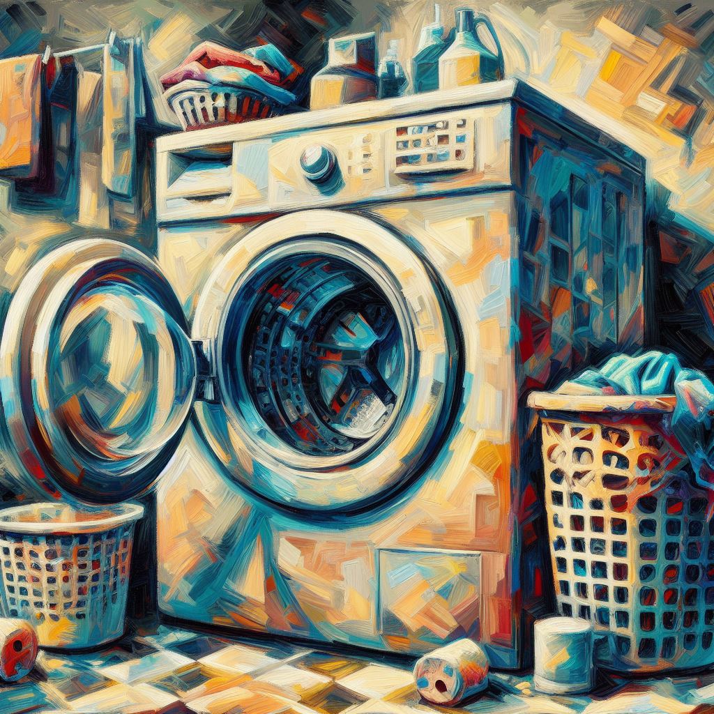 front loading washing machine in an abstract painting style with laundry baskets and other items in a room