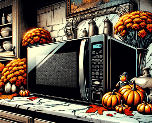 Illustration of a Microwave on a counter decorated for Thanksgiving