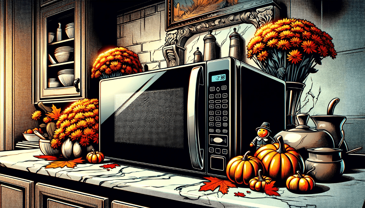 Illustration of a Microwave on a counter decorated for Thanksgiving