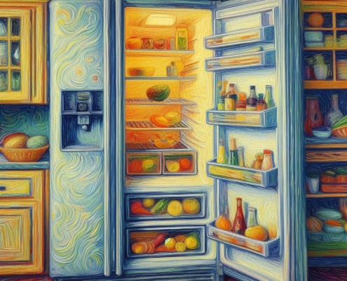 open refrigerator stocked with food in impressionism style