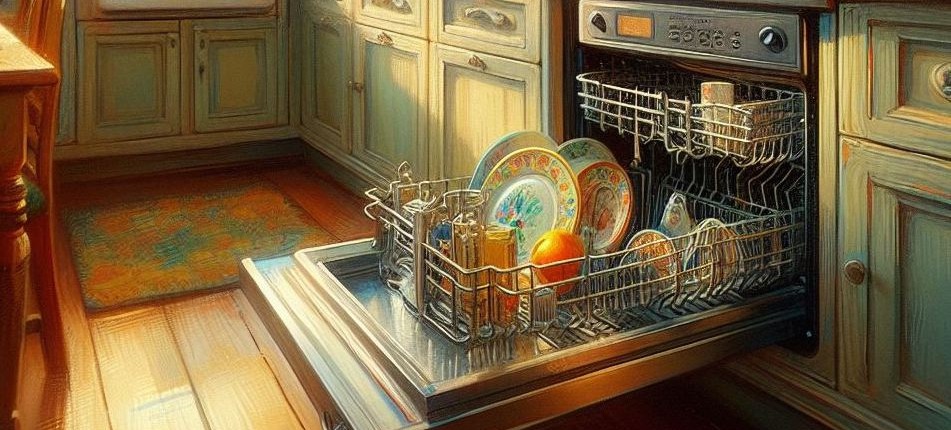 dishwasher open dishwasher full of dishes in impressionistic kitchen