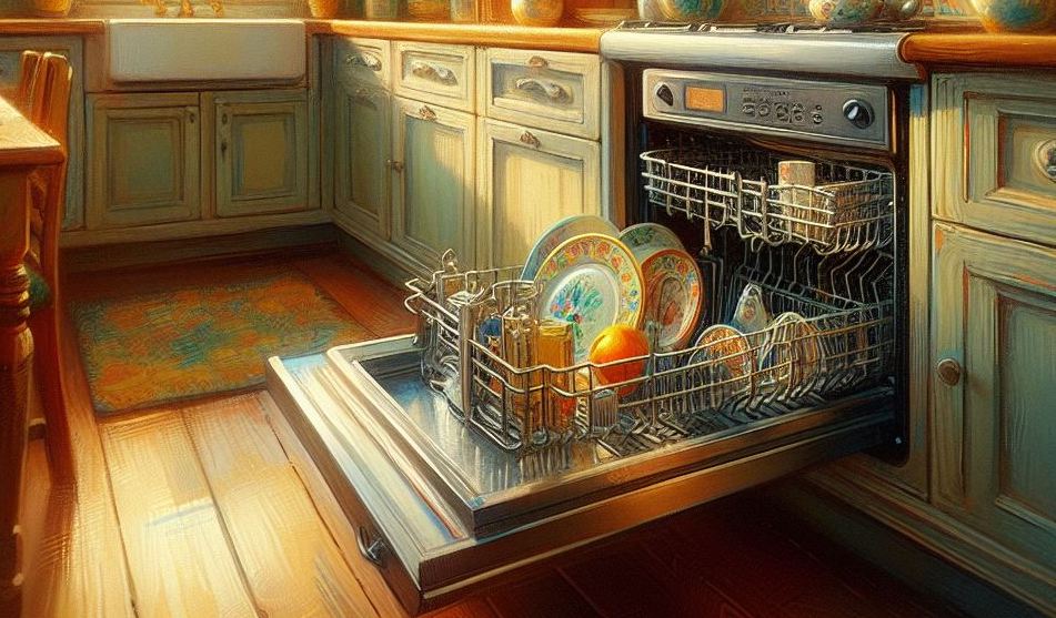open dishwasher full of dishes in impressionistic kitchen