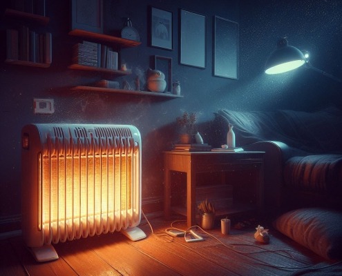 large, glowing space heater in dark bedroom