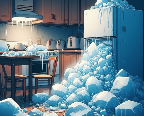 ice pile next to refrigerator in kitchen in animated style