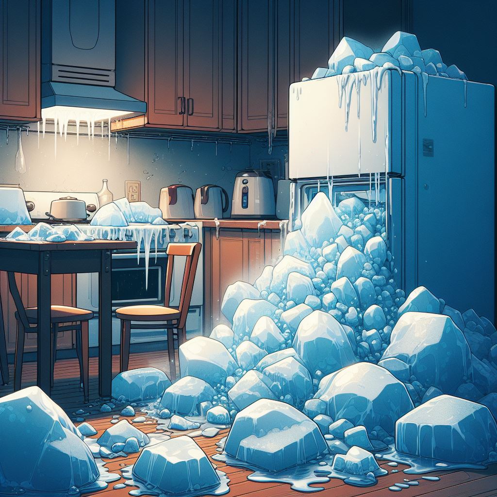 ice pile next to refrigerator in kitchen in animated style