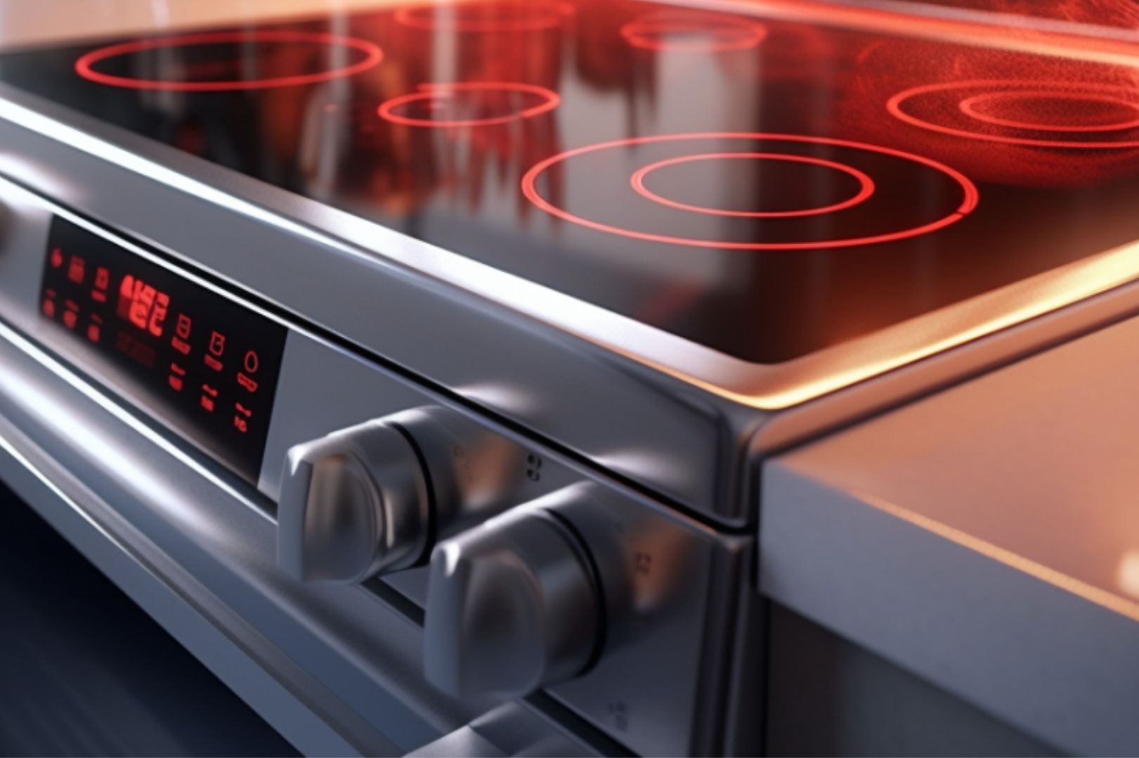 electric range in modern kitchen with elements glowing red and steam rising above