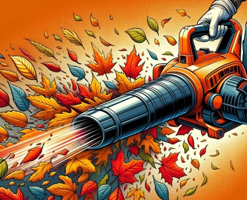 an image depicting fall leaves being blown by a leaf blower.