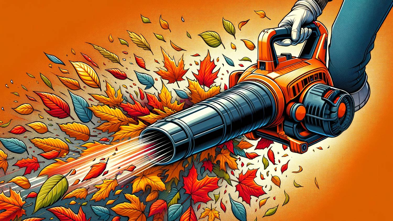 an image depicting fall leaves being blown by a leaf blower.